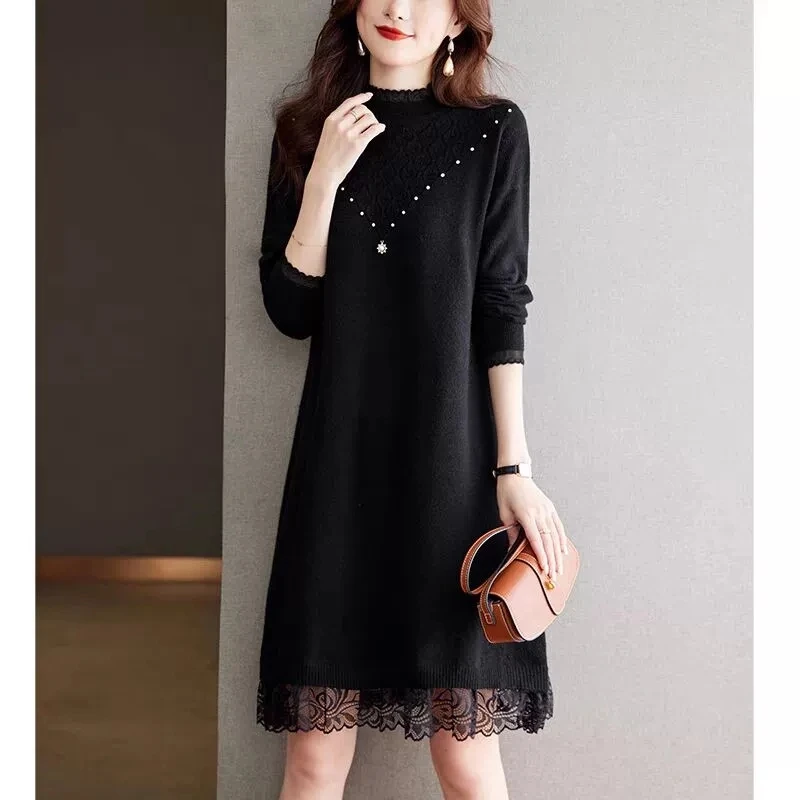 Autumn Half-turtleneck Knitted dress Women's 2025Mid-length Loose Fashion Long Warm Pullover Sweater Female Over-knee Base dress