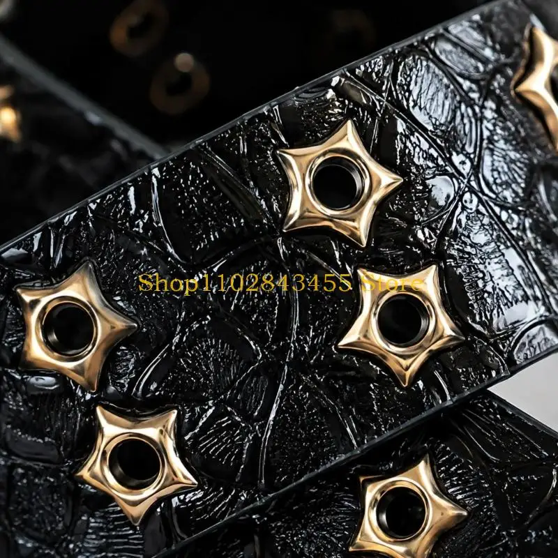 49MC Twin-Pin Closure Belt with Star Metal Eyelets, Black Textured PU Strap, and Riveted Construction for Parties, Daily Looks,