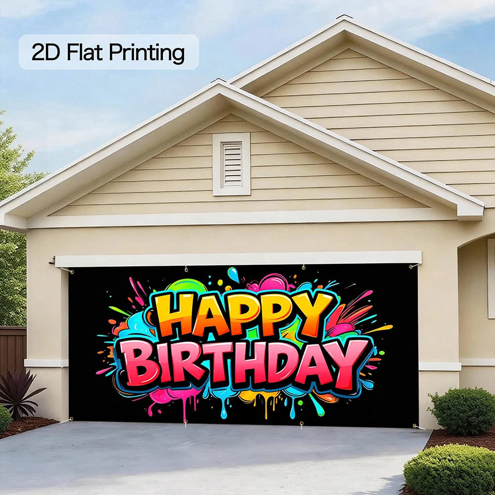 1pc Happy Birthday Garage Door Banner Graffiti Style 13x6FT Large Backdrop Sign for Indoor Outdoor Home Yard Wall Decor