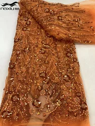 Madison 2024 Latest French Orange 3D Beaded Tulle Lace Fabric High Quality African Net Lace Fabrics Luxury Sequins For Dress