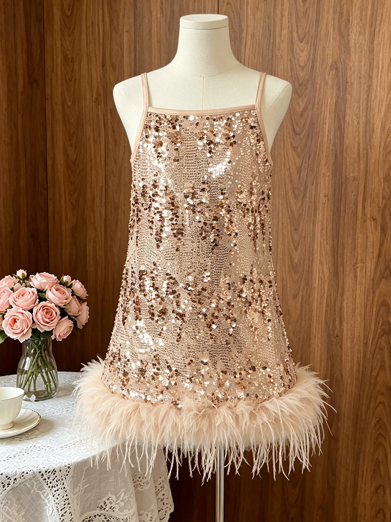 Fashionable New Style Girls' Suspender Dress, Solid Color with Sequins, Skirt with Faux Feather Design, Elegant and Dignified, Comfortable and Breathable Fabric, a Must-Have Princess Dress for Parties and Birthday Celebrations