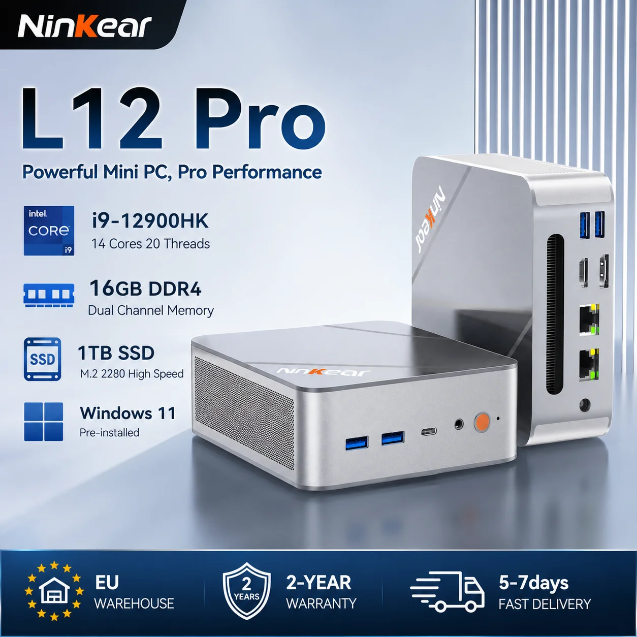 Ninkear L12 Pro Mini-PC, Intel Core I9-12900HK, 16GB DDR4 RAM, 1TB NVMe SSD, WiFi 6, Dual 2.5G LAN, USB4, HDMI, DisplayPort, USB-C, 8K UHD, Windows 11 & Ubuntu