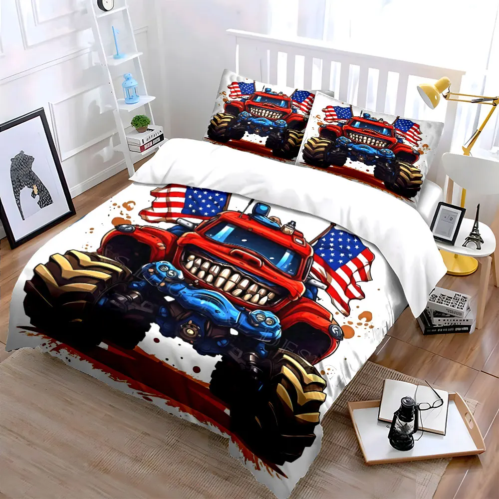 Exaggerated Cartoon Monster Truck Design Bedding Set for Kids Luxury Gift 3pcs Digital Print Comforter Set Soft Comfortable