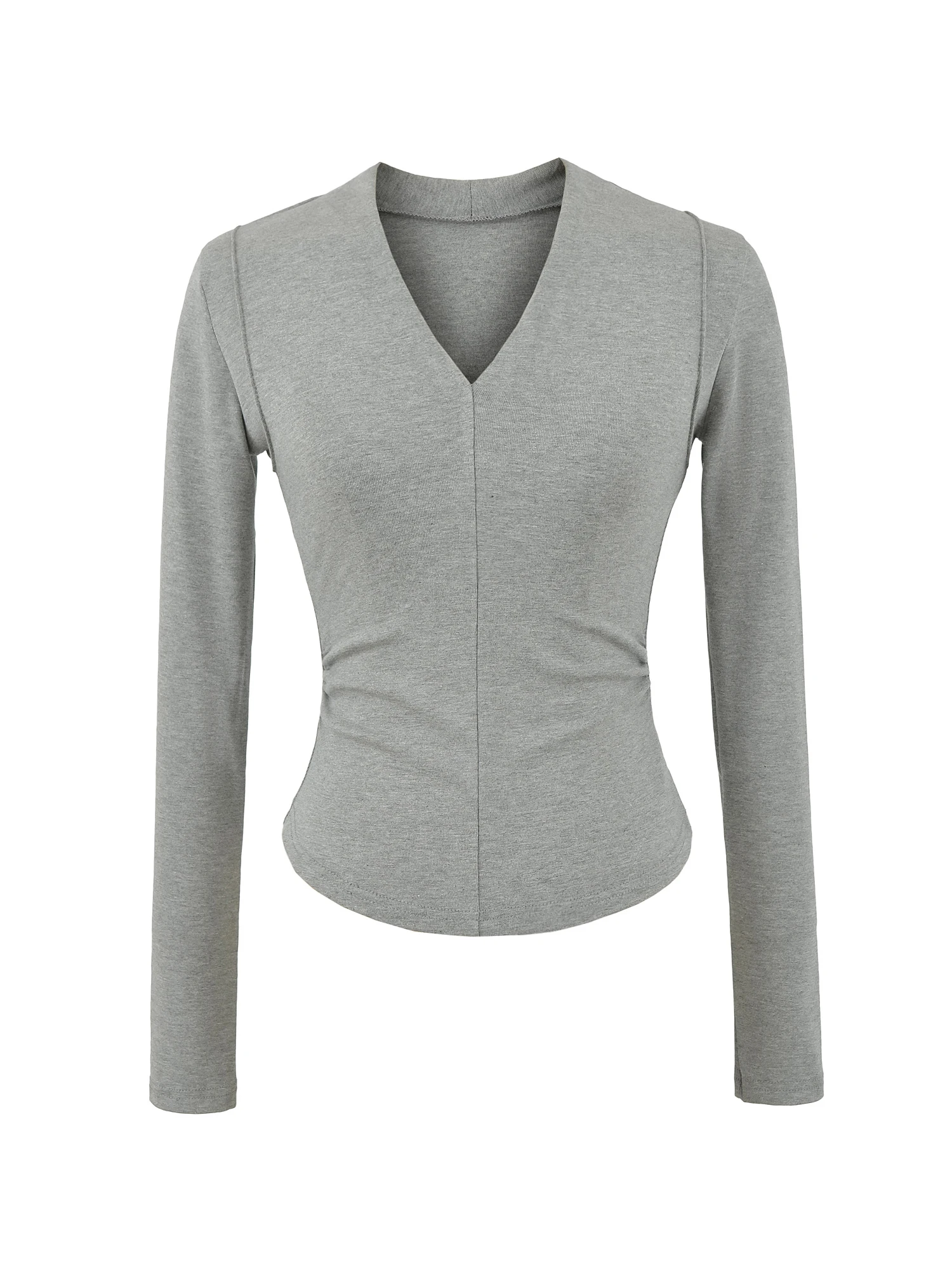 

Sexy American Sle Long Sve T-irt Women's Slim Fit Waist Cinched V-Ne Pure Color Base irt with Pleats for Girls