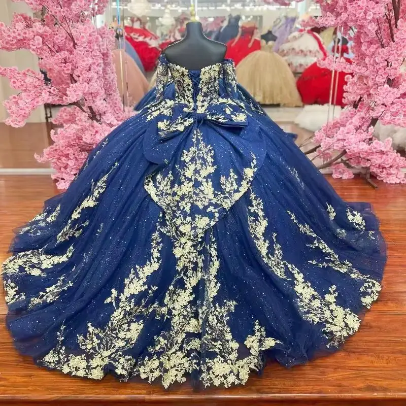 Customized Royal Blue Gloden Applique Quinceanera Dresses Elegant Long Sleeves Off Shoulder Tull Birthday Party Sweet 16 Dress