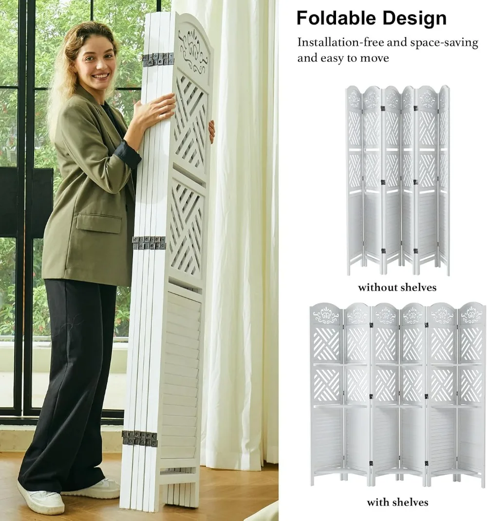 Svimi Carved and Louvered Room Divider with Shelves, 68.9 inch, White