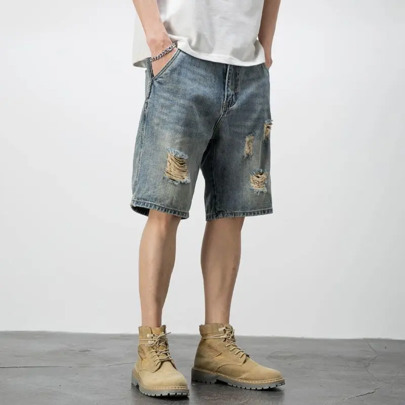 

Edgy Cool Men's Street Style Shorts Vintage Inspired with Ripped Holes Distressed Finish Loose Fit Summer Casual Trendy