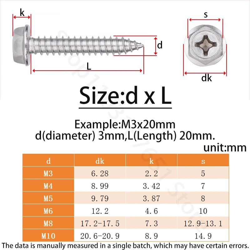 M3 M4 M5 M6 M8 M10 Phillips Cross Driving Hexagon Hex Head Flange Self Tapping Screws with Washer 304 Stainless Steel Wood Nail
