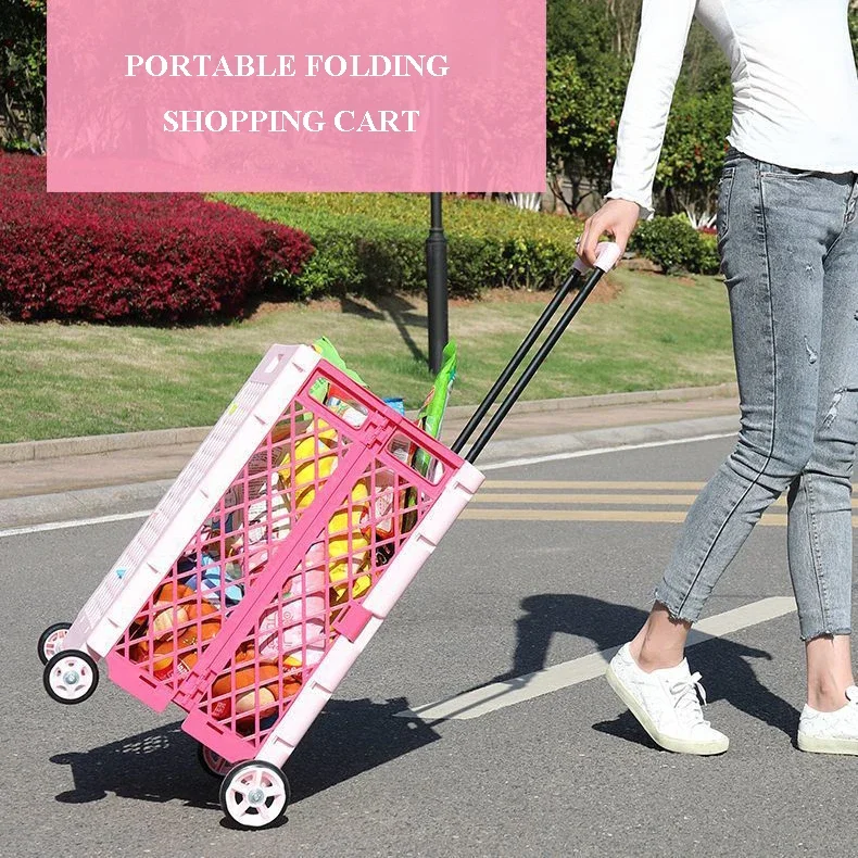 65L Quick Folding Portable Shopping Carts 4 Wheels Lightweight Food Grocery Storage Basket Small Picnic Outdoor Car Trolley