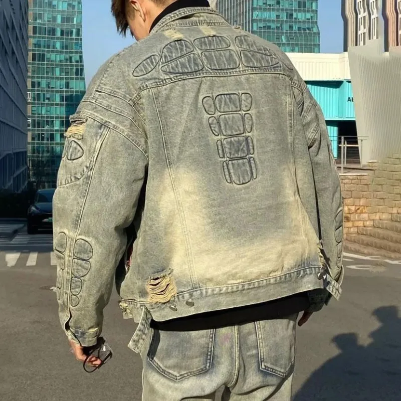 

American Loose Hole Denim Jacket Men's Spring Broad Shoulder Rugged Handsome Coat Armor Design Motorcycle Jean Jacket Streetwear
