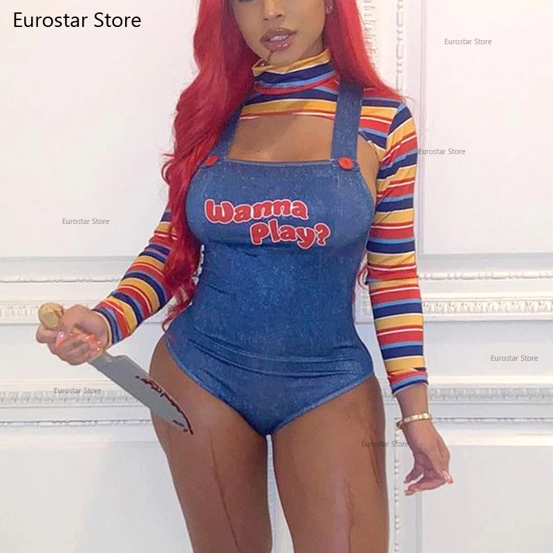 Halloween-Kostüme für Damen, gruselige Albtraum-Mörderpuppe, möchte Filmcharakter-Kostüm-Set, Sling-Overalls, Festival, Rave spielen