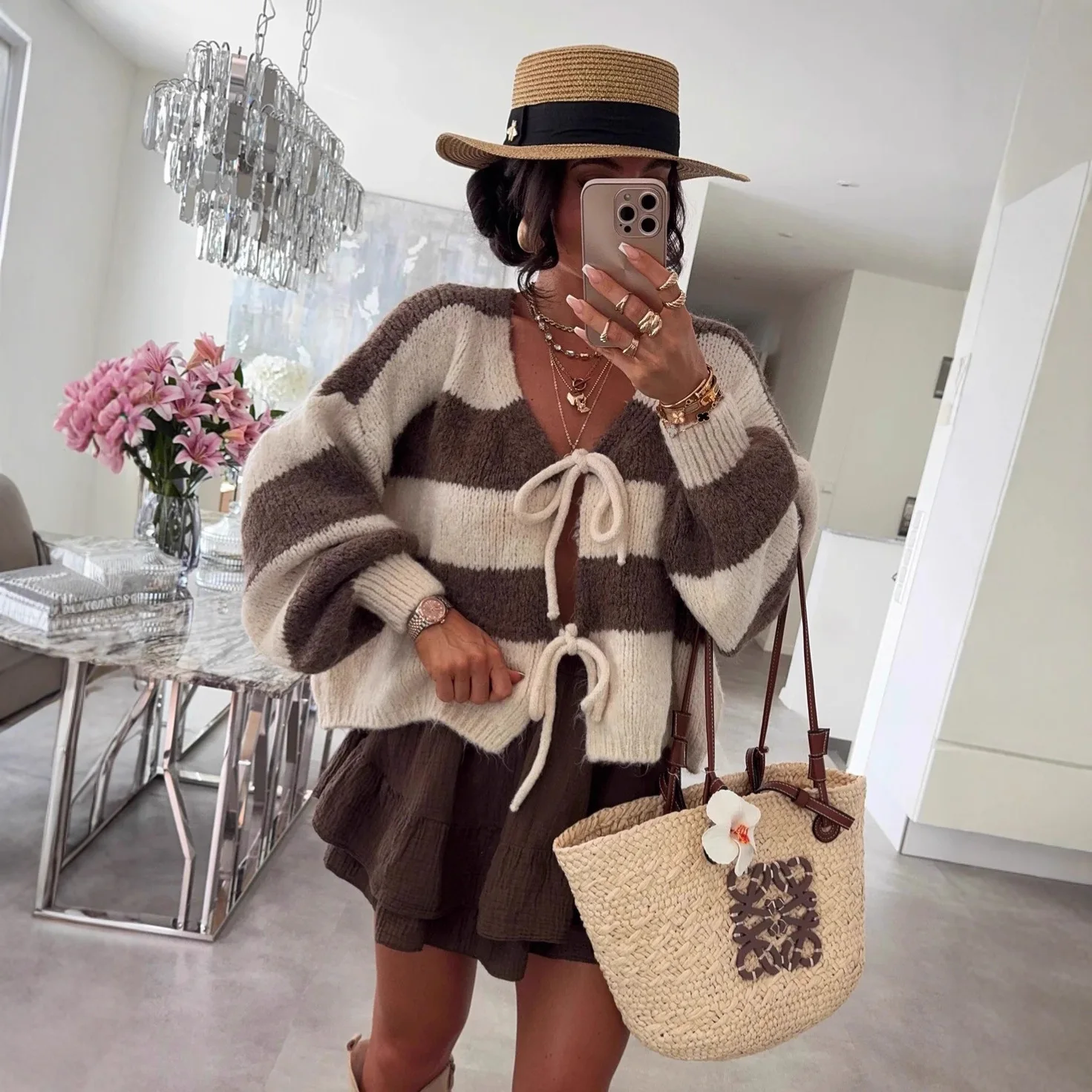 الخريف الشتاء شريط محبوك معطف المرأة أنيقة نمط الخامس الرقبة طويلة الأكمام Bowknot الدانتيل متابعة سترة سيدة تريكو الملابس معاطف #4