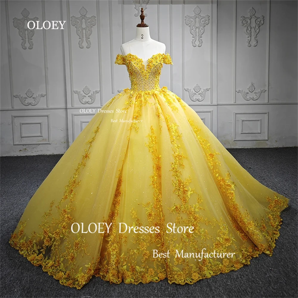 OLOEY Exquisite Glittery Yellow Quinceanera Dresses Wedding Gowns Beading Crystal 3D Appliques 15 18 Party Gowns Ball Gowns