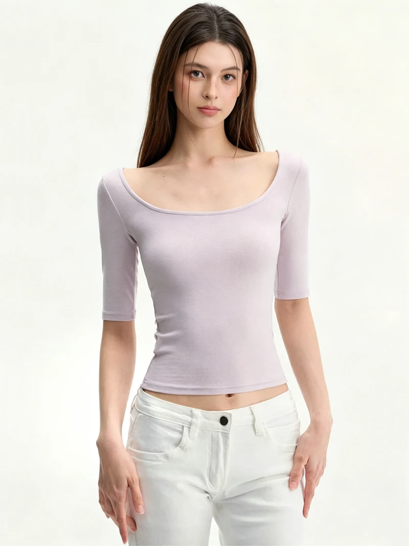 Women's U-scoop Neck Half Sleeve T-Shirt, Y2K Slim Fit Bodycon Crop Top, Stretchy Casual Basic Tee