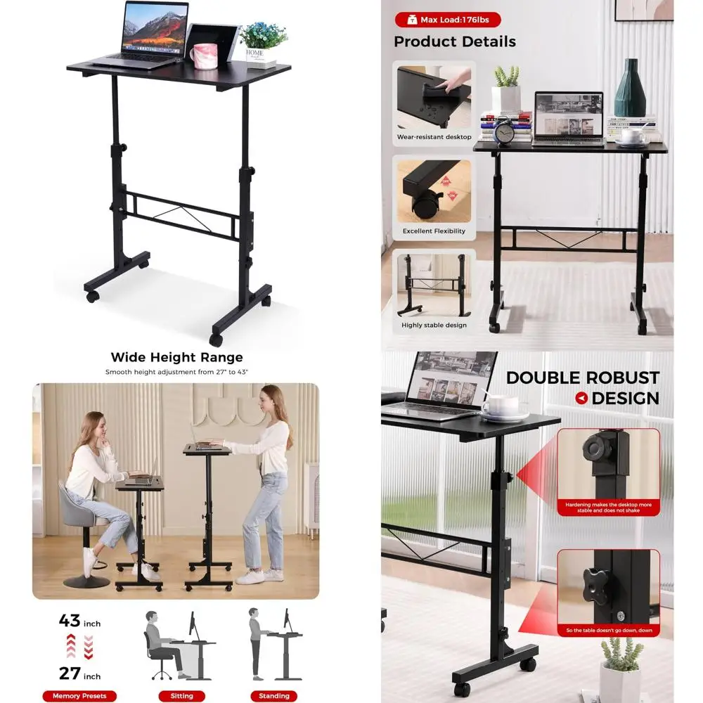 Adjustable Height Standing Desk on Wheels - Compact Mobile Laptop Desk for Portable Home or Office Use - Black