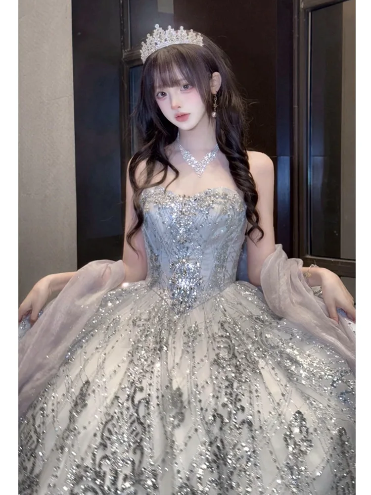 Lief meisje mouwloze lange balavondjurk met hoge taille High Sense verjaardag Bright Host Party Tube Top prinses maxi-jurken