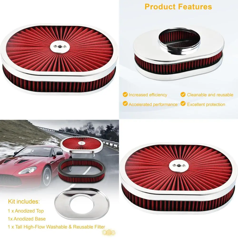 

12 x 2 Oval Low Profile Air Filter Assembly, 5-1/8 Carb, Washable, Reusable, V8 Air Cleaner, Compatible with Ford Chrysler Vehic