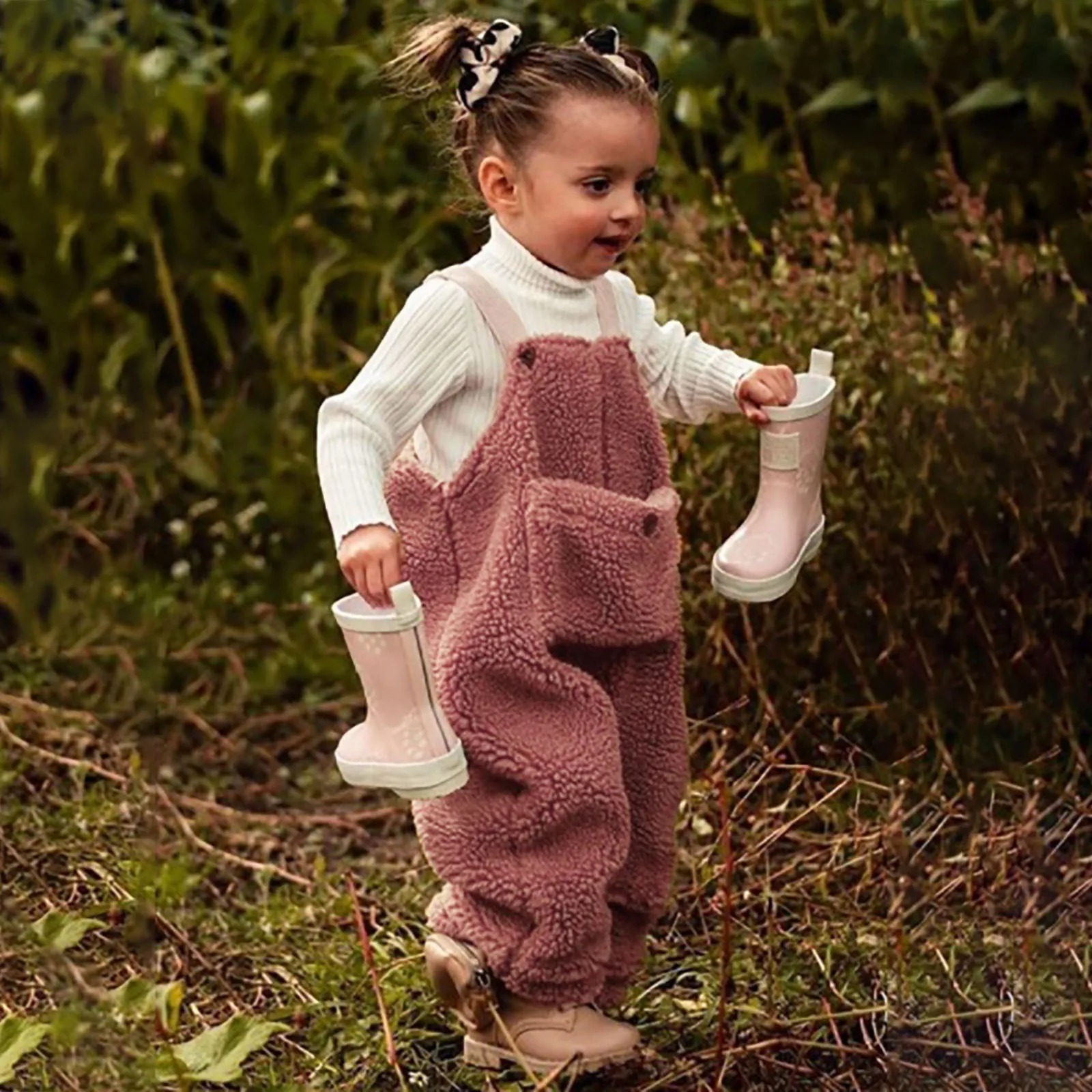 2024 Autumn Winter Kids Girls Warm Plush Overalls Toddler Baby Solid Strapless Button Loose Pocket Fleece Suspender Trousers