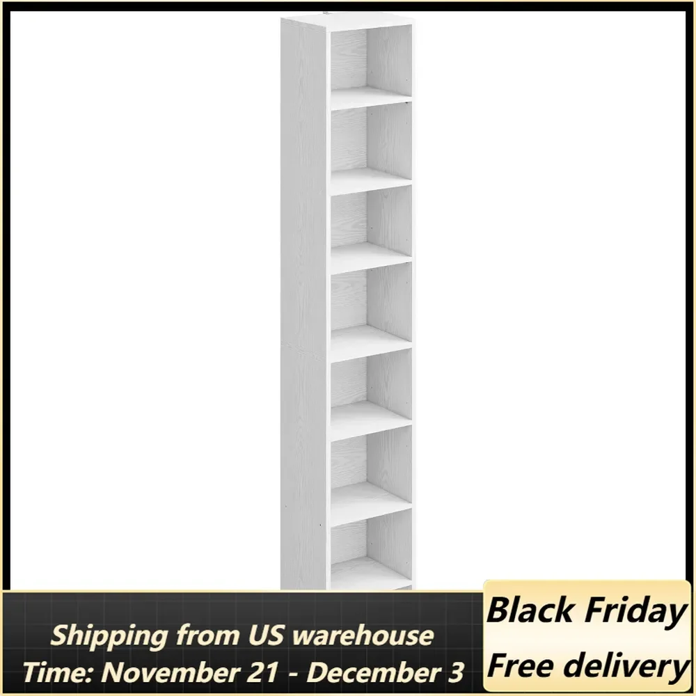 Tall Narrow Bookshelf 8 Tiers, Compact Corner Bookcase, Easy to Match for Living Room, Office, Study, Bedroom, White