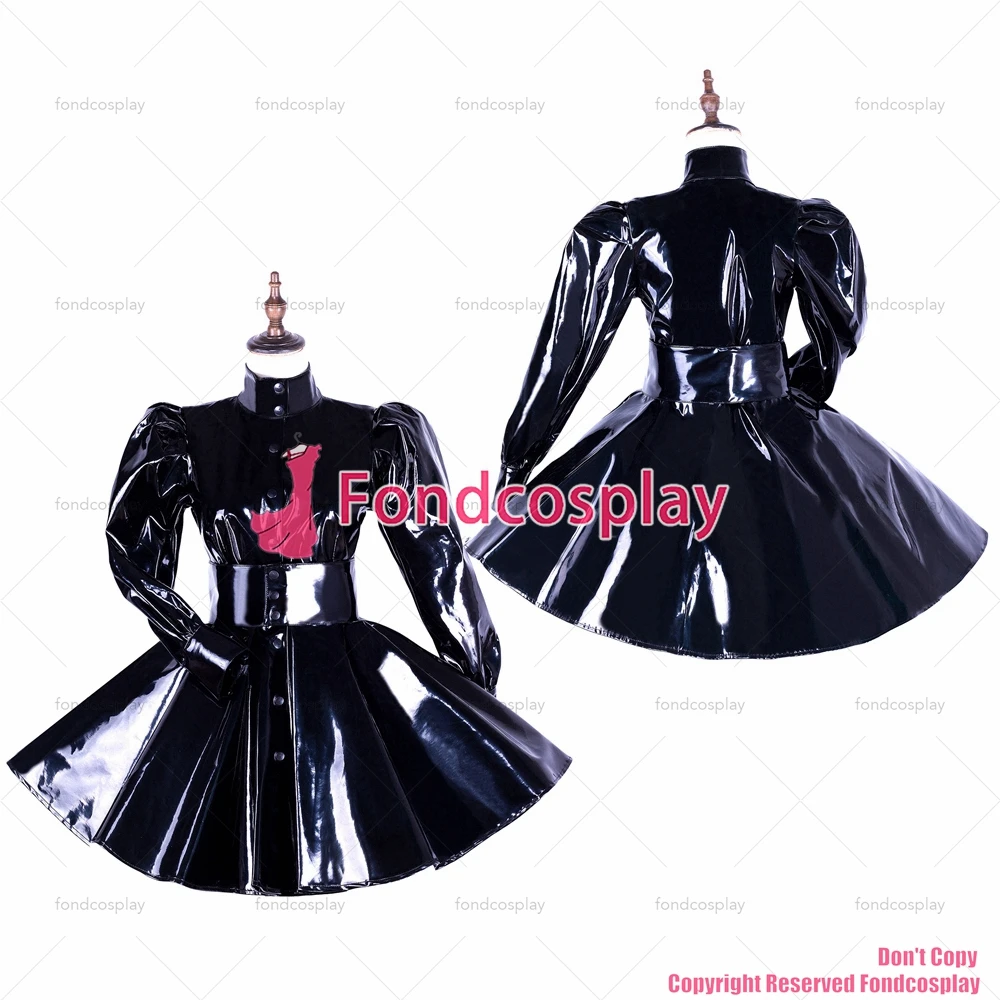 

fondcosplay adult sexy cross dressing sissy maid Buttons Rain Coat Gothic lolita punk black heavy PVC dress CD/TV [G1655]