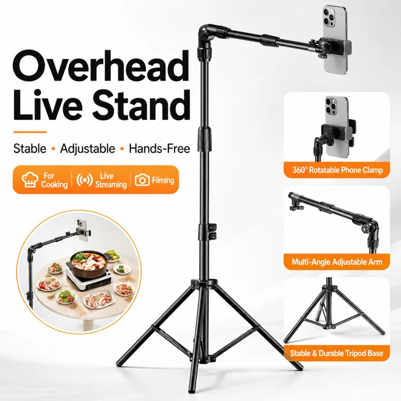 360° Heavy Duty Camera Tripod Stand, Adjustable Height Phone Tripod with Pan Tilt Head, Metal Tripod for Smartphone DSLR Live St