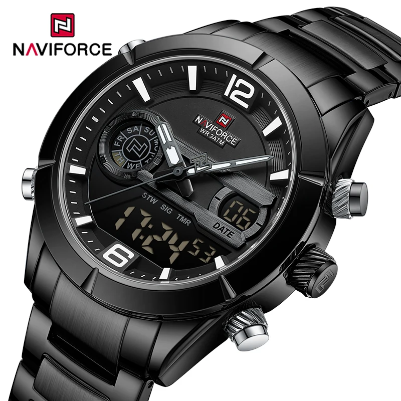 NAVIFORCE Trend Casual LCD Display Man‘s Wristwatch Analog Digital Quartz Watches for Men Stainless Steel Band Male Clock NF9232