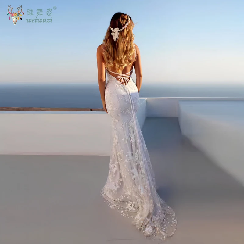 Elegant Lace Camisole Fishtail Fashionable Wedding Dress Sexy Deep V-strap Backless Outdoor Lawn Wedding Theme Custom Dress