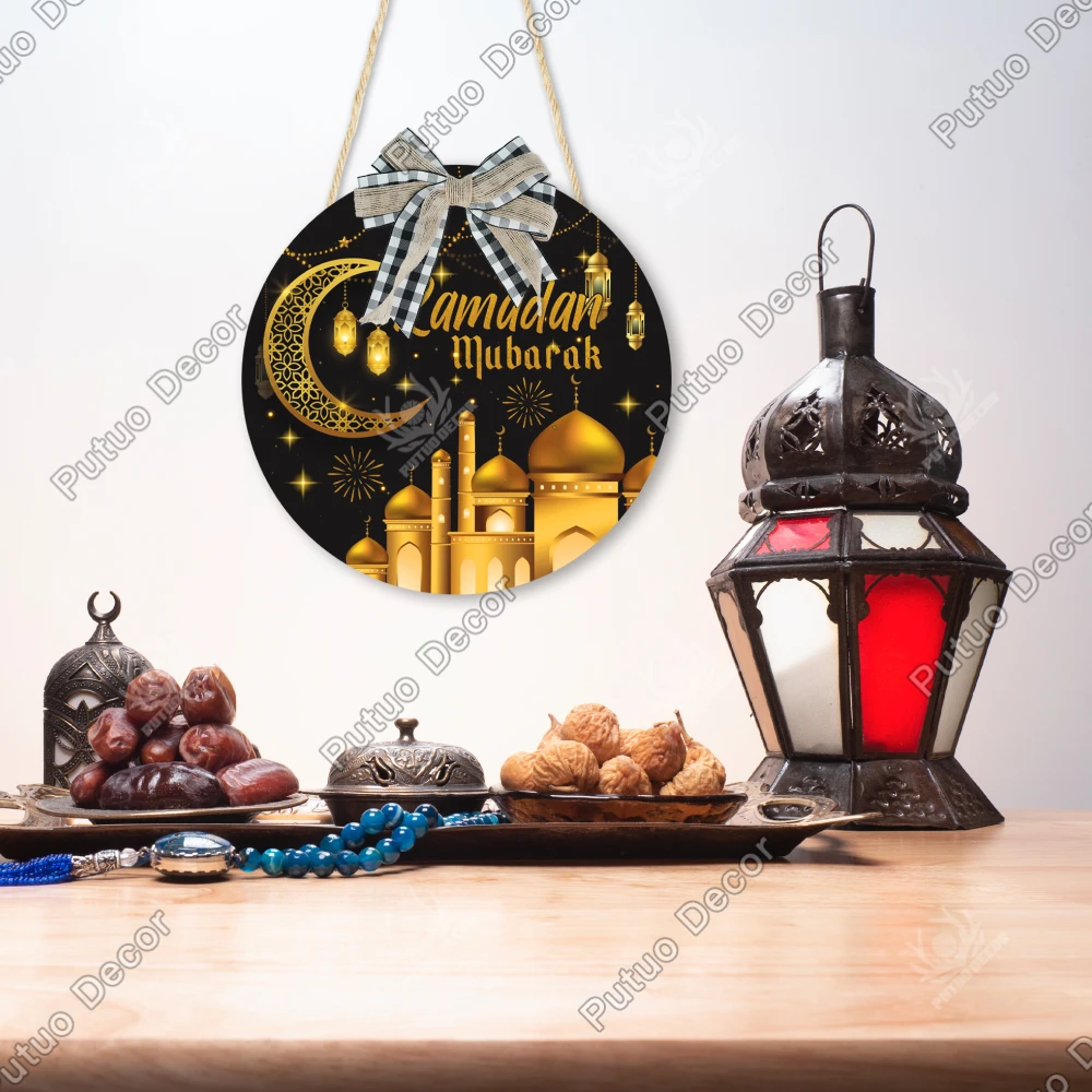 

Putuo Decor1pc Ramadan Mubarak Round Wooden Hanging Sign Decor with a Bow Tie,Wall Decoration for Home Dinner Room,Ramadan Gifts