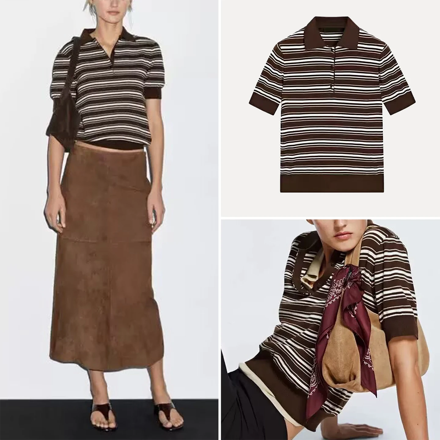 

Модный полосатый женский топ с воротником ort Sve P0L0, осень 2023, Новое поступление, повседневная футболка со стойкой, подходит для других материалов...