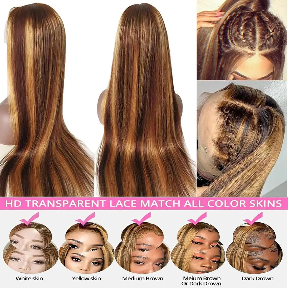 13X4 Highlight Ombre Lace Front Wig 4/27 Honey Blonde Human Hair Bone Straight 13X6 Lace Frontal Wigs For Women 250% Density