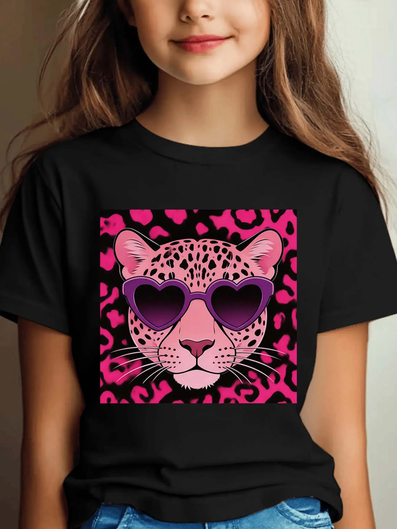 Pink Leopard Heart Sunglasses Print Boys Girls T Shirt Casual Kids Tee Parent Child Matching Soft Summer Daily Children Wear Top