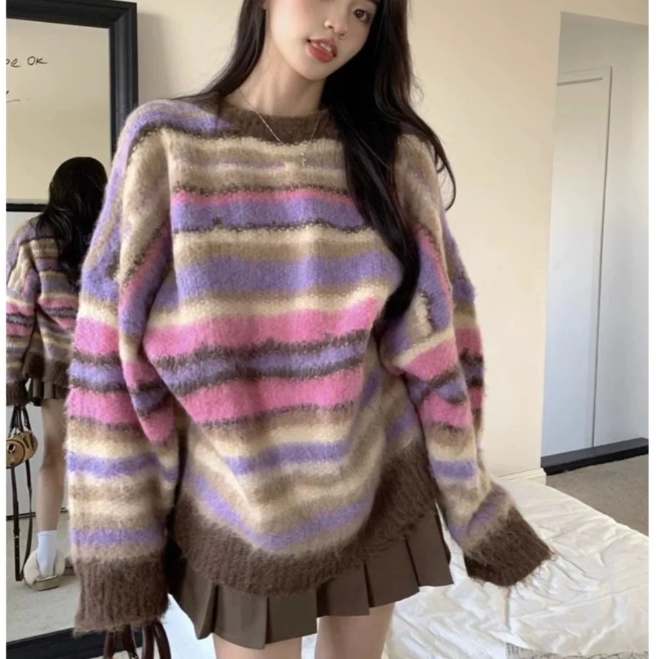 

2025 Rainbow Striped Sweater Women Autumn Winter Thick Knitted Top