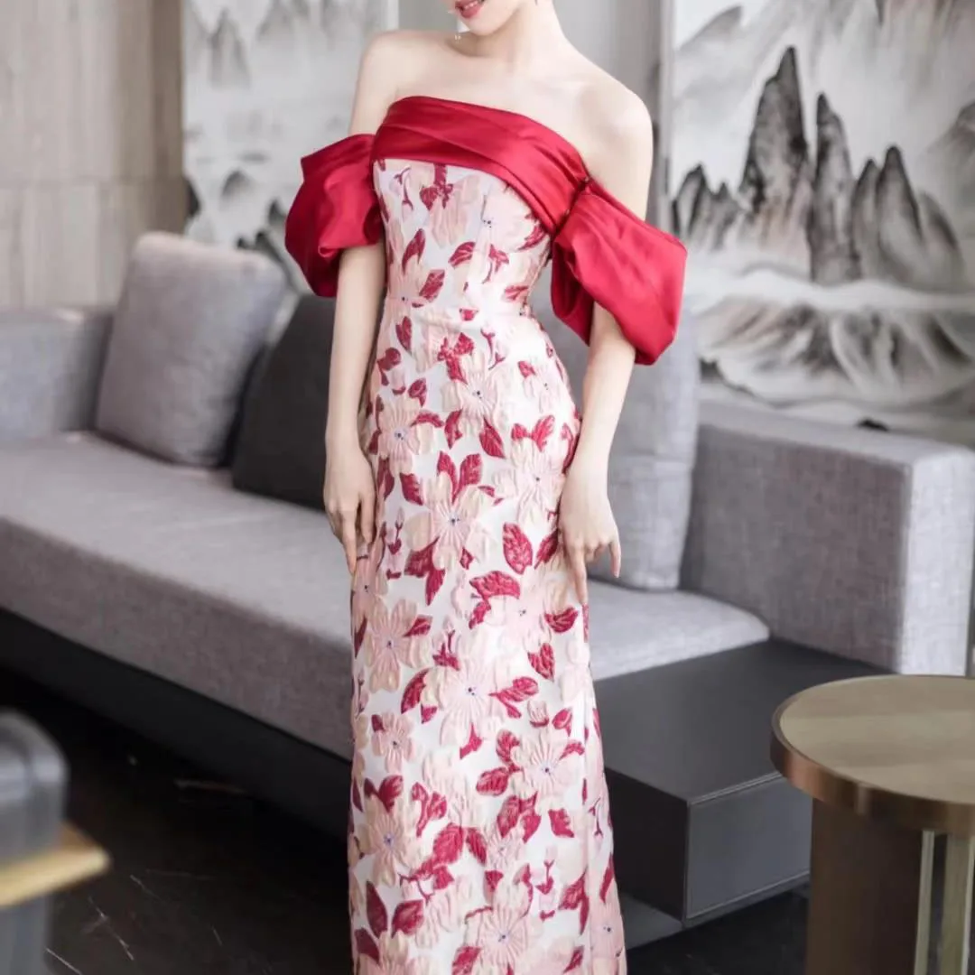 Ladies Elegant Luxury Flower Dress Evening Mermaid Sexy Off Shoulder Red Ball Gown Wedding Long Female Bride Vestido Formal Gala