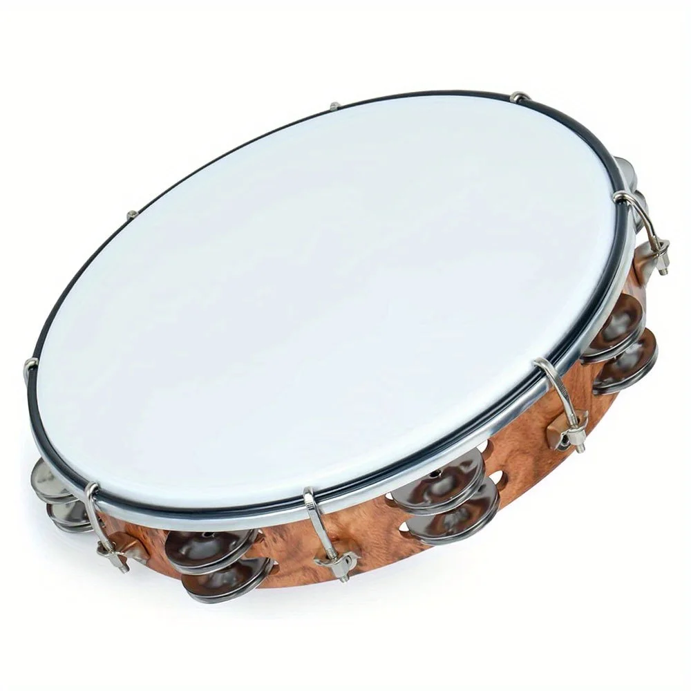 10-inch Tambourine Double Row Stainless Steel Bells with Adjustment Tuning Tool Hand Clapper Drum Performing