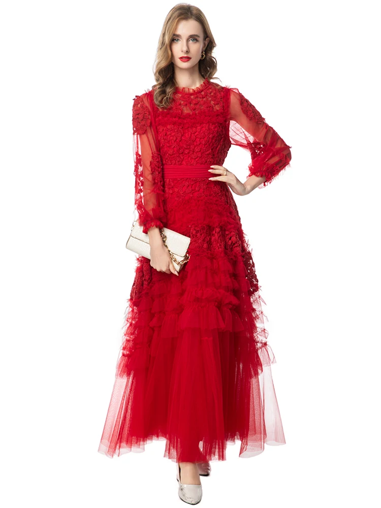 Dldenghan discoid flores malha maxi vestido para mulher o pescoço lanterna manga babados elegante vestido de baile vestidos primavera moda fema