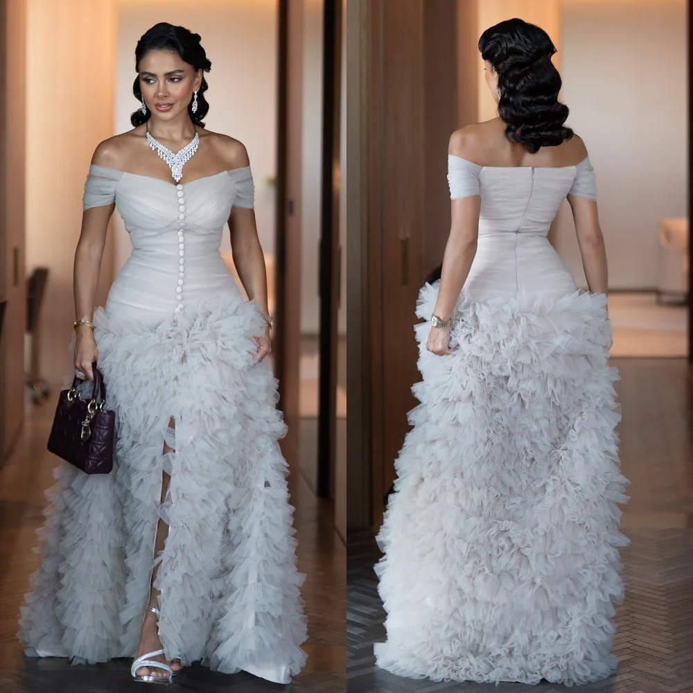 

Customized Intricate Tulle Pleat Ruched Draped A-line Off-the-shoulder Long Dresses Bespoke Occasion Dresses Sizes Available