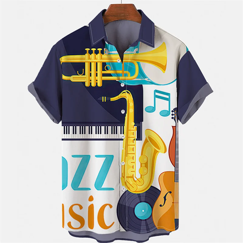 Colorful Music Hawaiian Shirt For Men 3d Saxophone Guitar Printed Rock Shirt Beach Short Sleeve Casual Oversized Tops Blouse