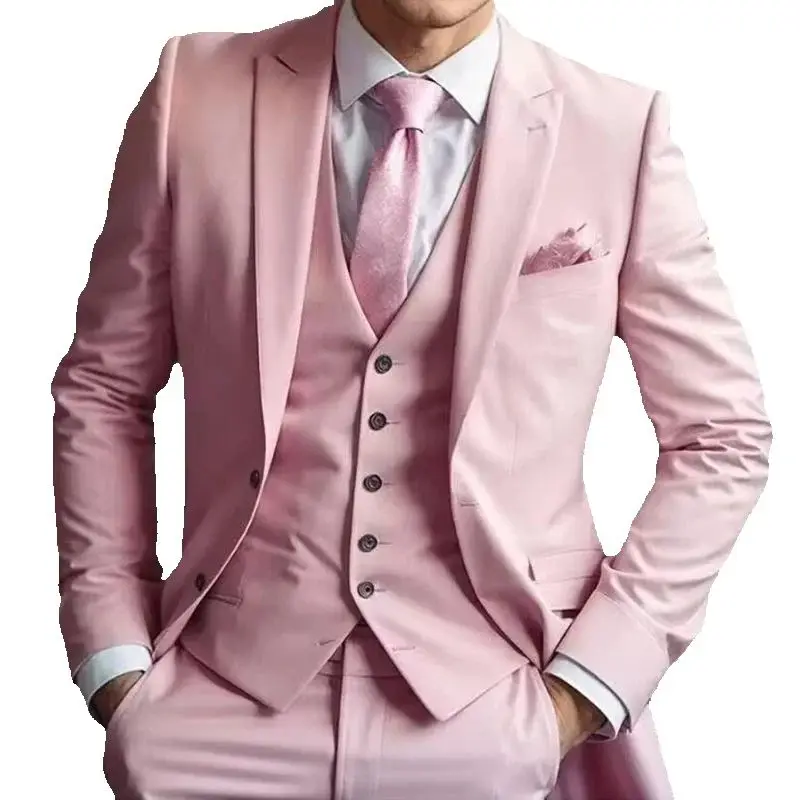 

Latest Fashion Pink Wedding Men Suits Single Breasted Peak Lapel Regular Length Outfits Costume Homme 3 Piece Jacket Pants Vest