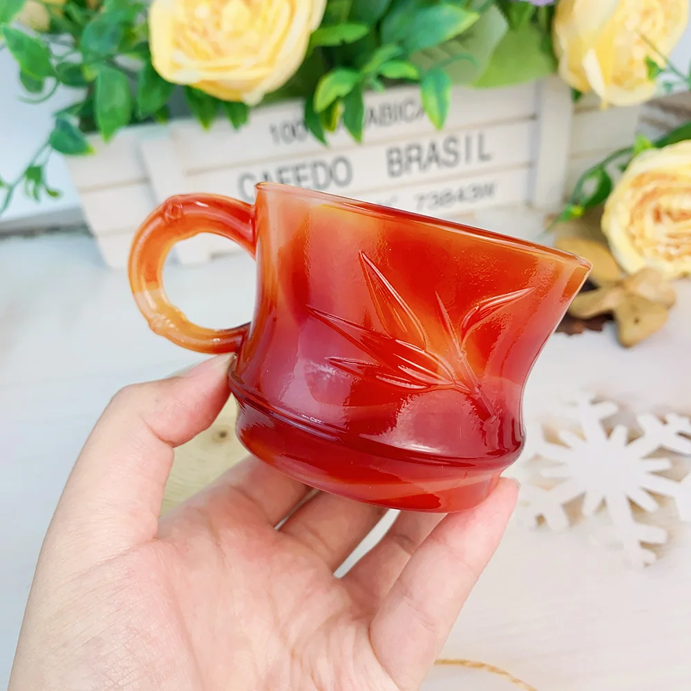 Artificial Carnelian Cup Crystal Hand Carving Bamboo Red Agate Glass Healing Polish Artificial Agate Kitchen  Home Decor