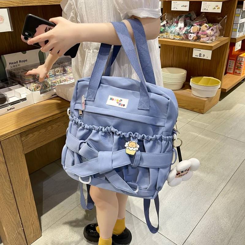 2022 New Nylon Women Backpack Female Travel Bag Kawaii Teenage Girls Fold Small Schoolbag Lovely Badge Cute Satchel Bag