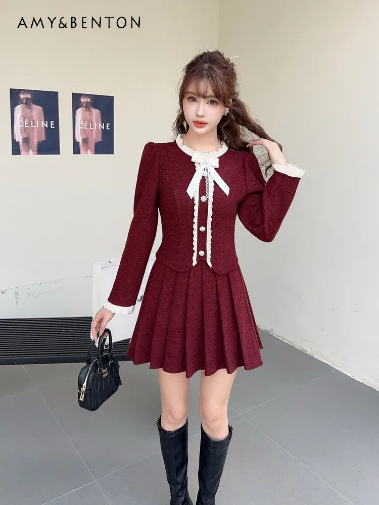 

Весенне-осенний корейский стиль, пригородная стиль, элитная униформа JK, студенческий стиль, кофейный, красный, синий, тонкий топ, плиссированная юбка, комплект из двух предметов