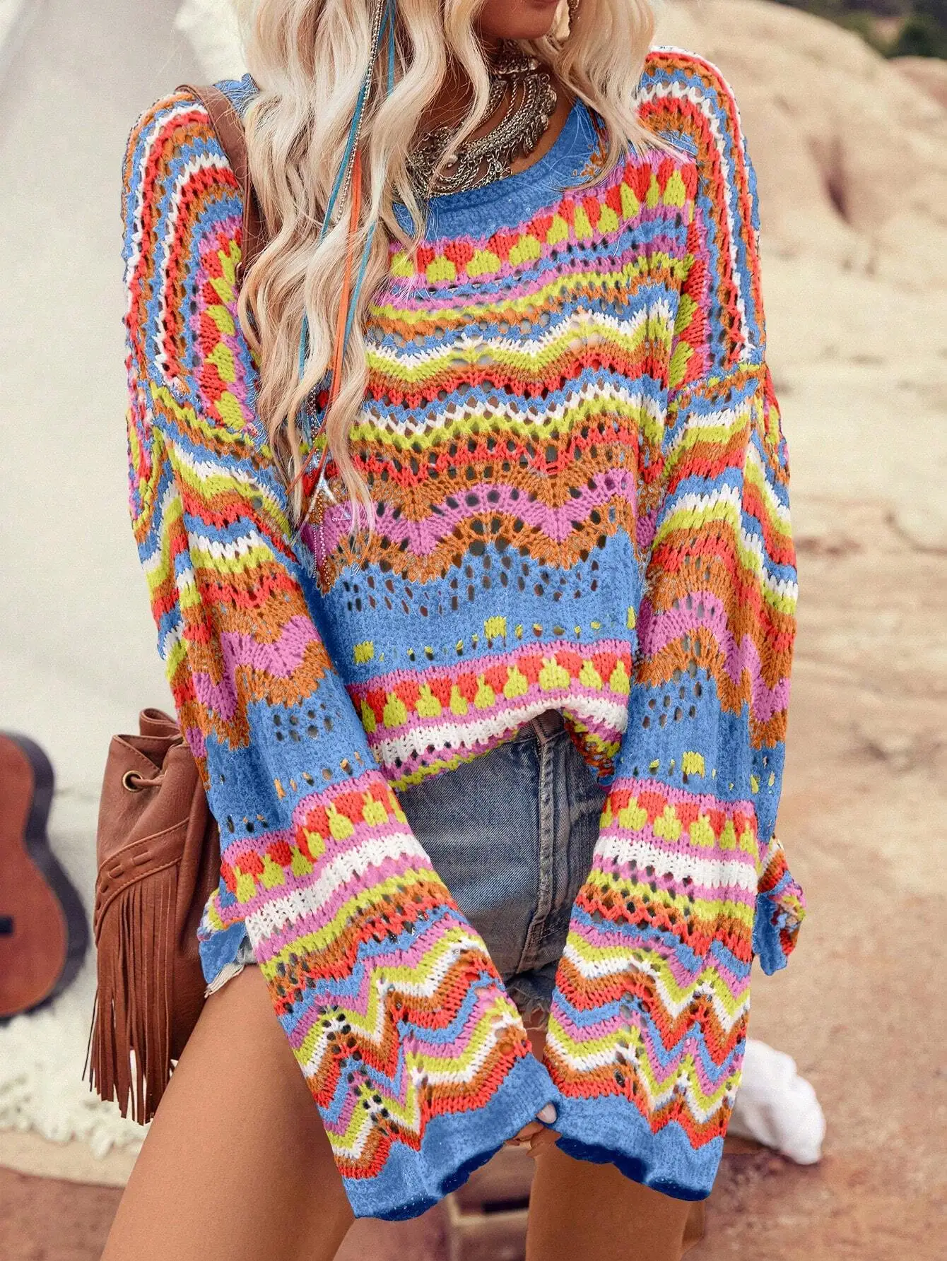 

Красочный ажурный вязаный свитер в стиле бохо для женщин