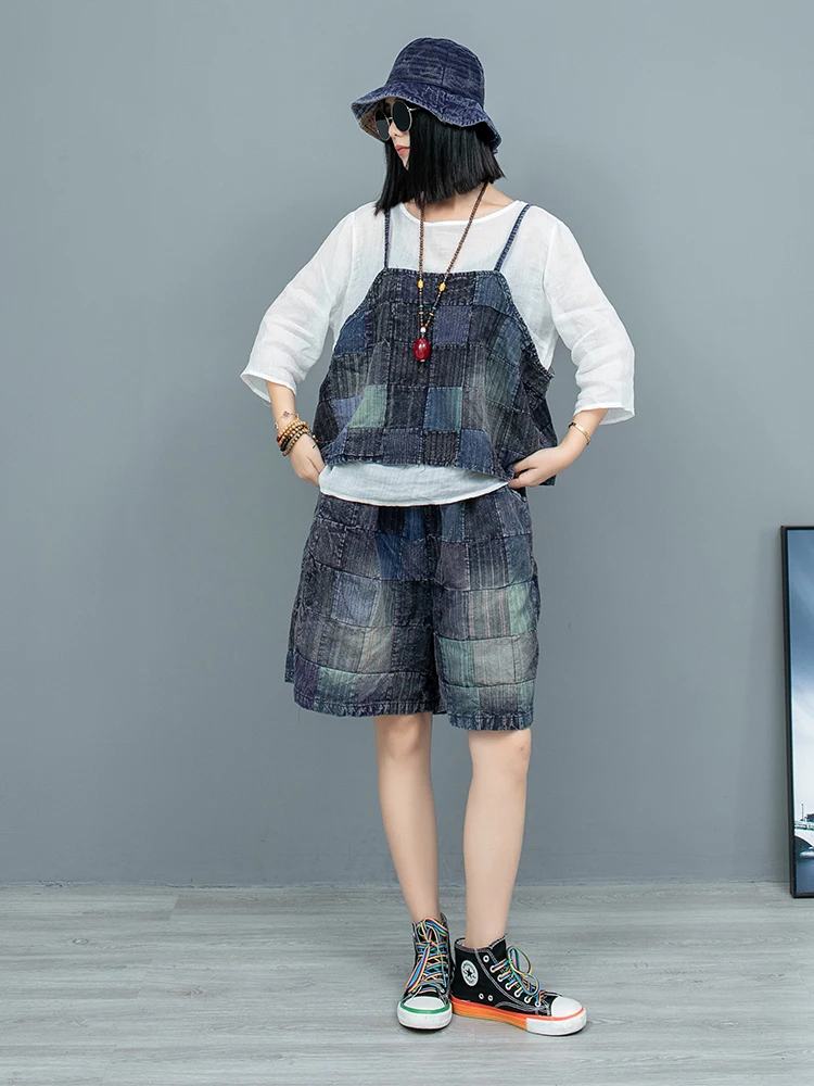 Heavy Industry Worn Splicing Old Cloth Hanging Strap Vest Women 2024 Summer LX1608