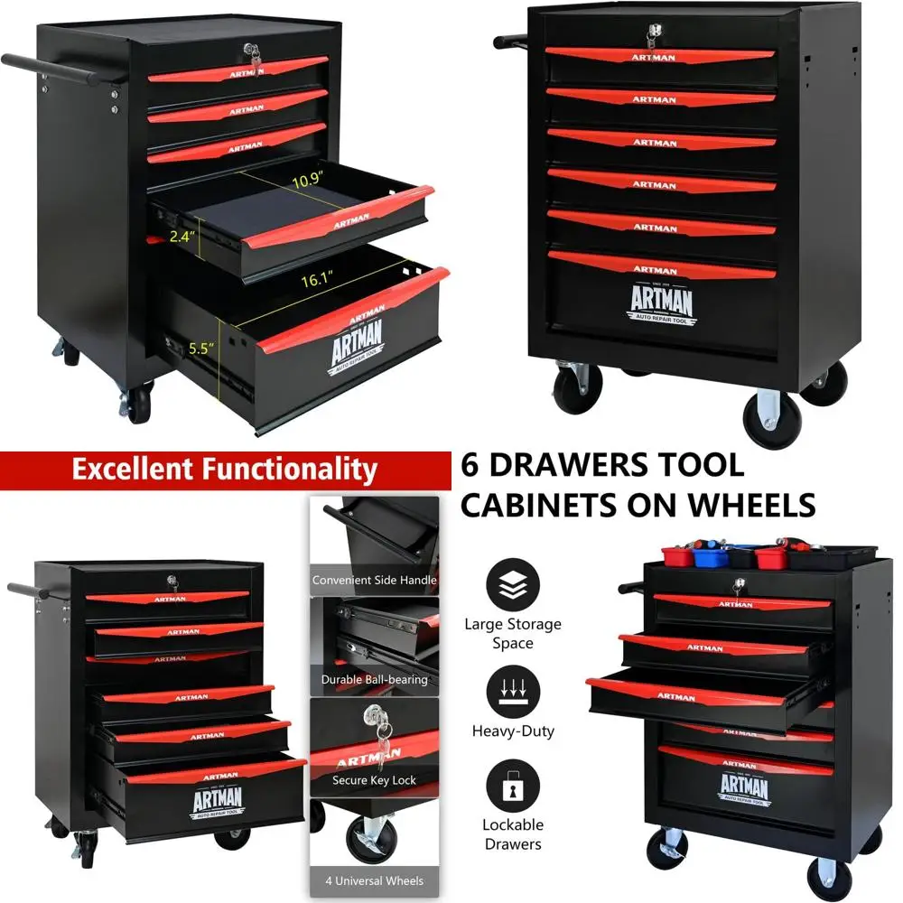 

20 6-Drawer Metal Tool Chest with Ball Bearing Slides, Black & Red Steel Storage Organizer