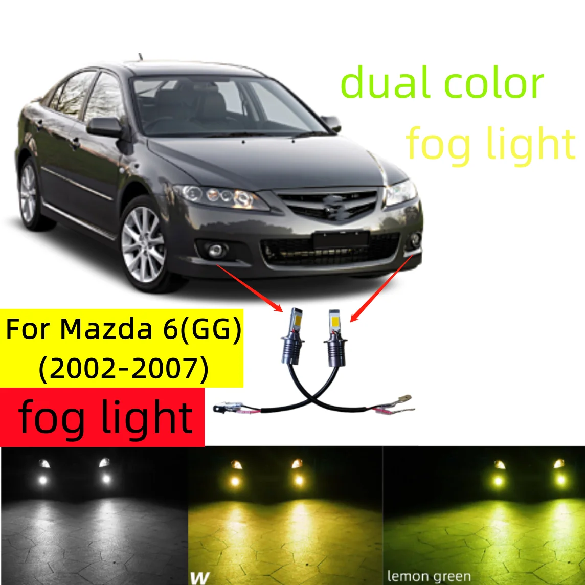 

2pcs dual color Fog Light Blub For Mazda 6 GG 2002-2007 H3 fog lamp white yellow