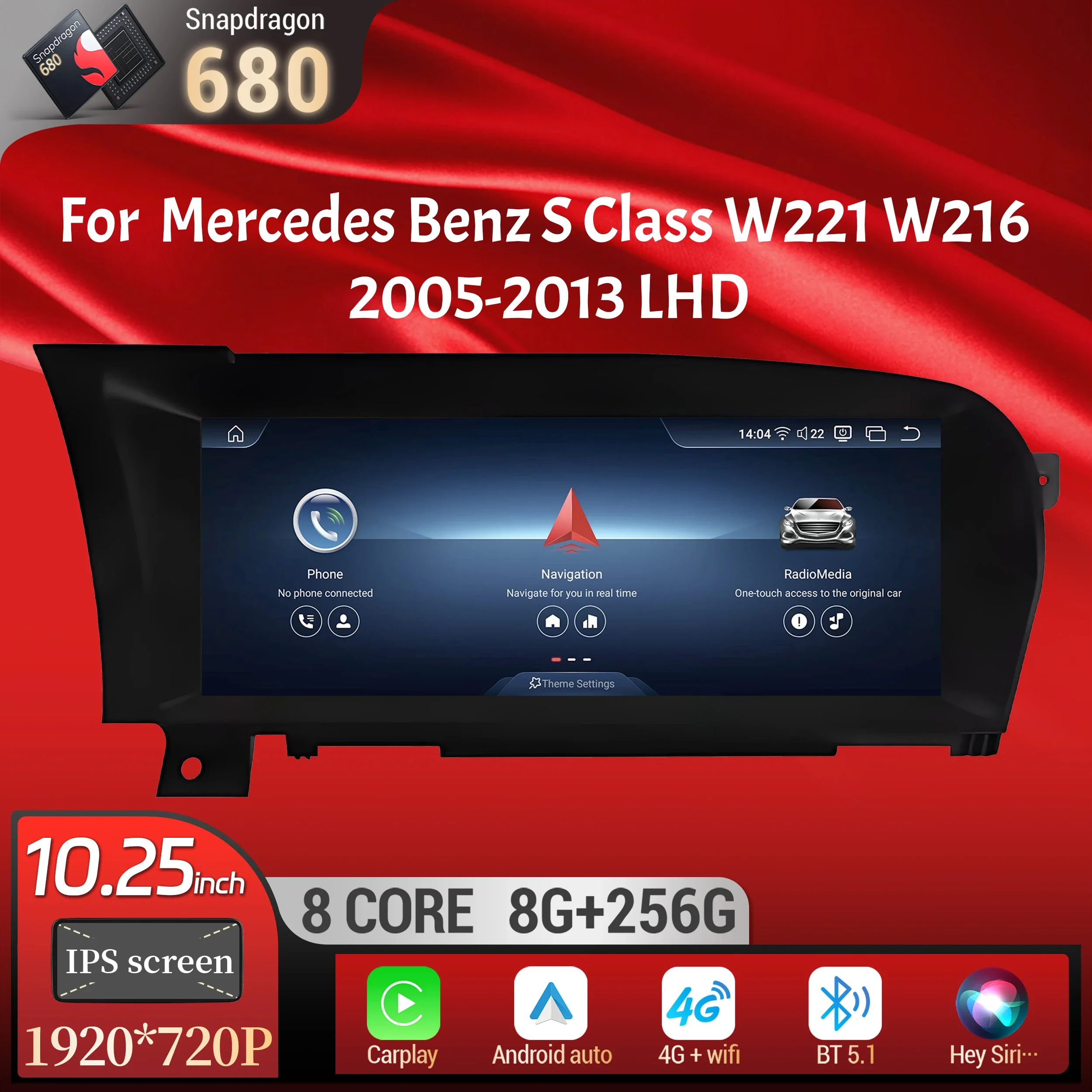 10.25inch Left Hand Drive Car Radio For Mercedes Benz S Class W221 W216 2005-2013 Android 13 BT Carplay Snapdragon 680 Screen