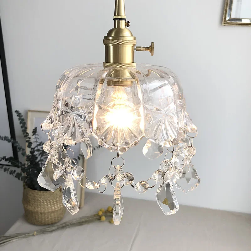 Modern E27 glass crystal lamp with knob switch, small crown brass chandelier for bedroom, living room and children's room