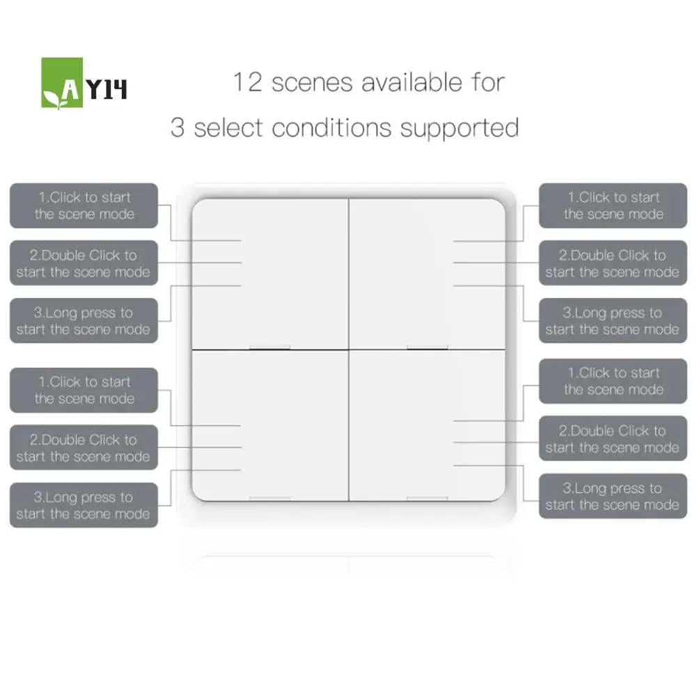 AY14 -1 PC 4 Gang Tuya Zigbee Wireless 12 Scene Switch Push Button Controller Battery Powered Automation Scenario ABS For Tuya D