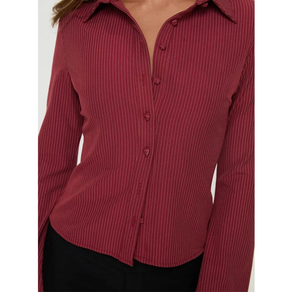 Camicie da lavoro a maniche lunghe con bottoni autunno y2k da donna Camicetta slim fit con stampa a righe Camicie coquette estetiche vintage anni '00 Streetwear