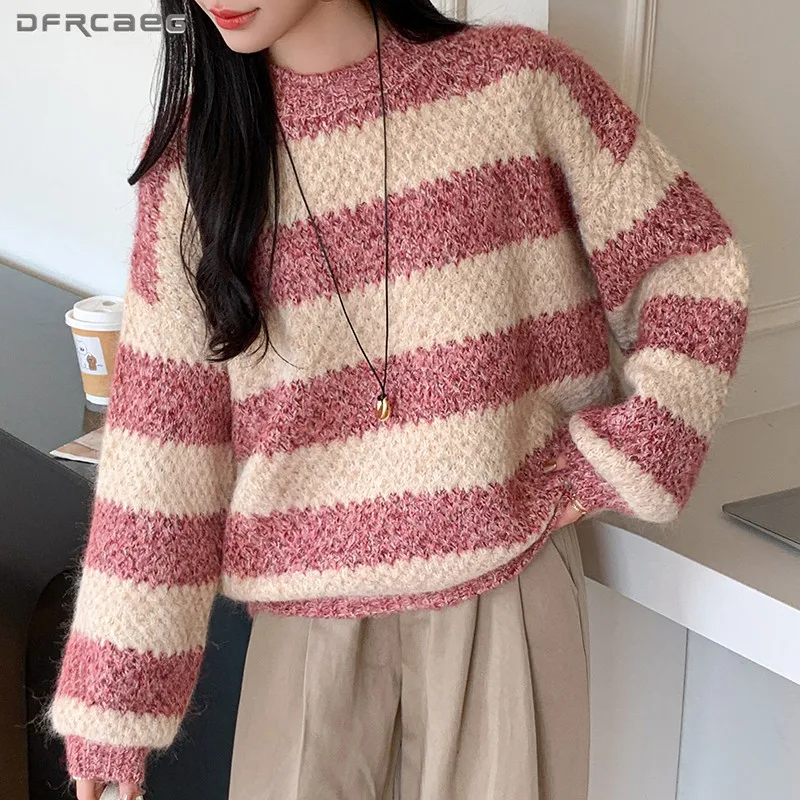 

Patchwork Striped Soft Knitted Sweater For Women Winter Long Sleeve Warm Thicken Round Neck Twist Pullover Top Lady